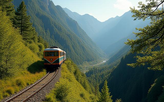 山間部の鉄道を背景にした美しい景観設計プロジェクトのイメージ。新緑の山々を走り抜けるレトロな列車
