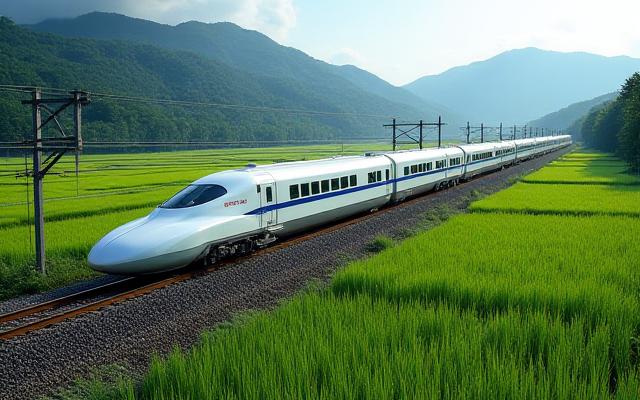 北陸新幹線が田園風景を走り抜ける様子、環境と共生する鉄道のイメージ